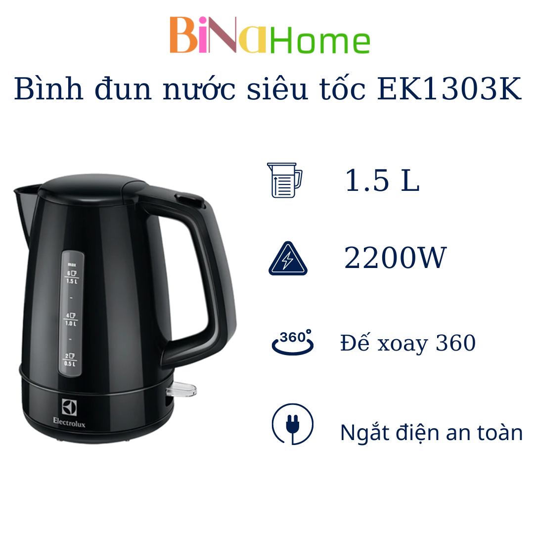 (Có sẵn BH 2 năm) Bình đun siêu tốc 1.5L Electrolux EEK1303K màu đen BINAHOME