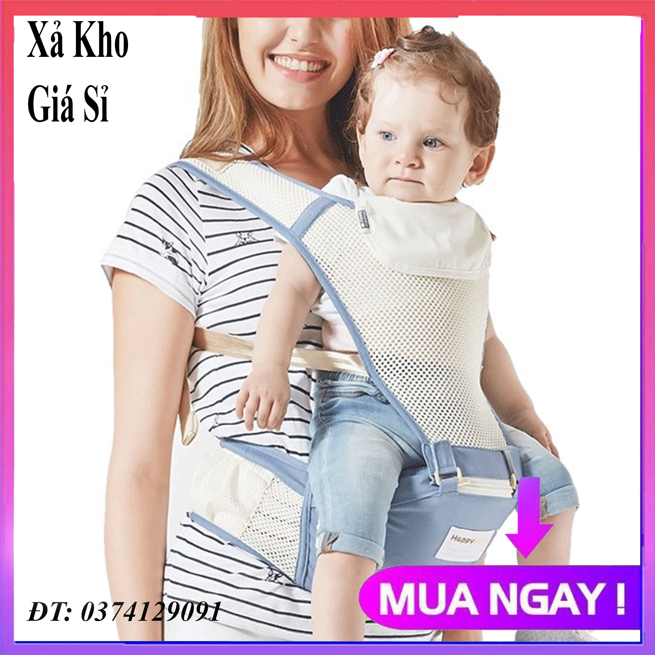 Địu ngồi trẻ em 4 tư thế lưới siêu thoáng Happy bear siêu thoáng cho bé 3 tháng tới 36 tháng