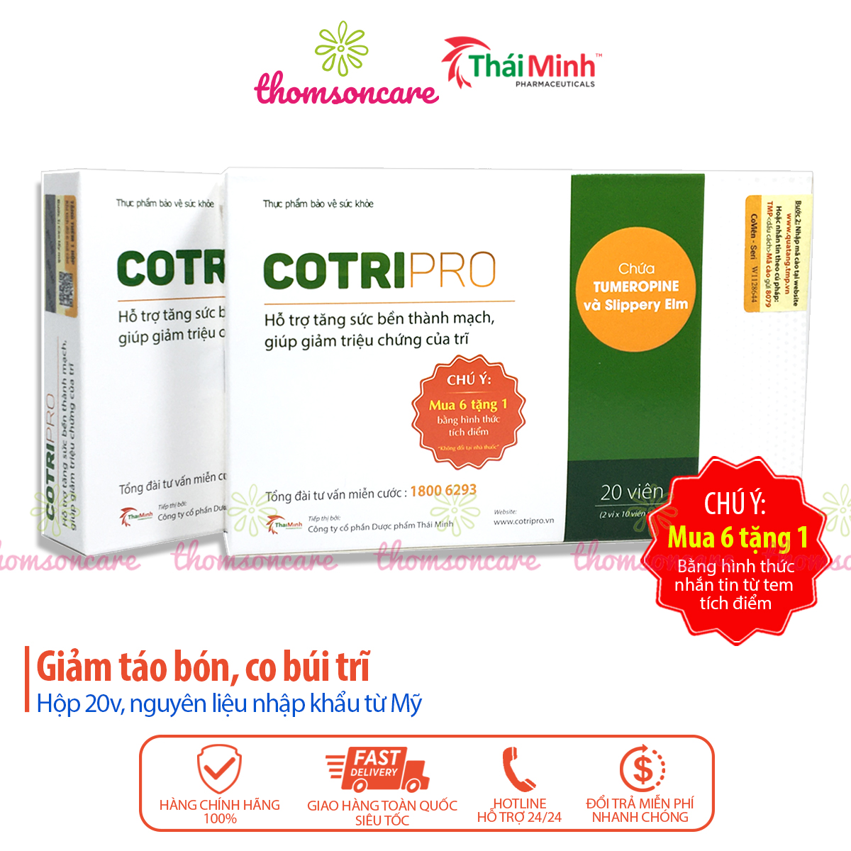Cotripro Có tem tích điểm Mua 6h tặng 1h - Hộp 20 viên hỗ trợ giảm táo bón, trĩ từ thảo dược