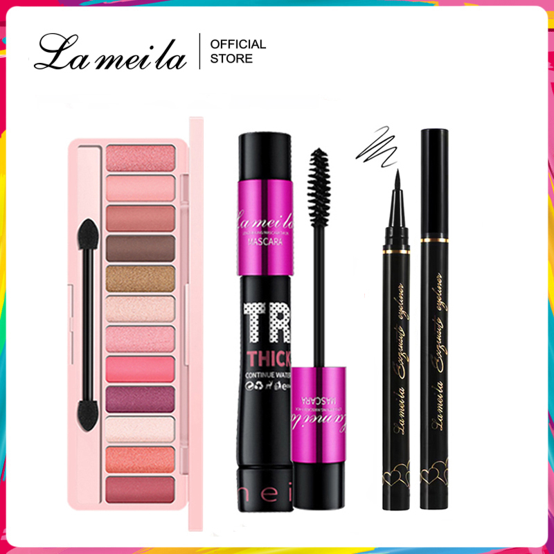 Lameila Bộ 3 món trang điểm mắt mang phong cách trẻ trung gồm bút kẻ mắt + mascara + bảng phấn mắt 12 màu - INTL