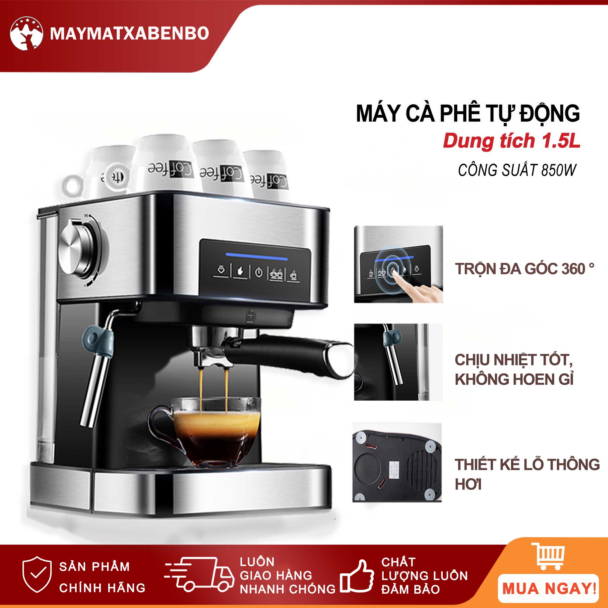 Máy pha cà phê có ống làm nóng đánh sữa, màn hình cảm ứng thông minh, áp lực cao làm cà phê nồng đậm máy pha chế cà phê inox không gỉ