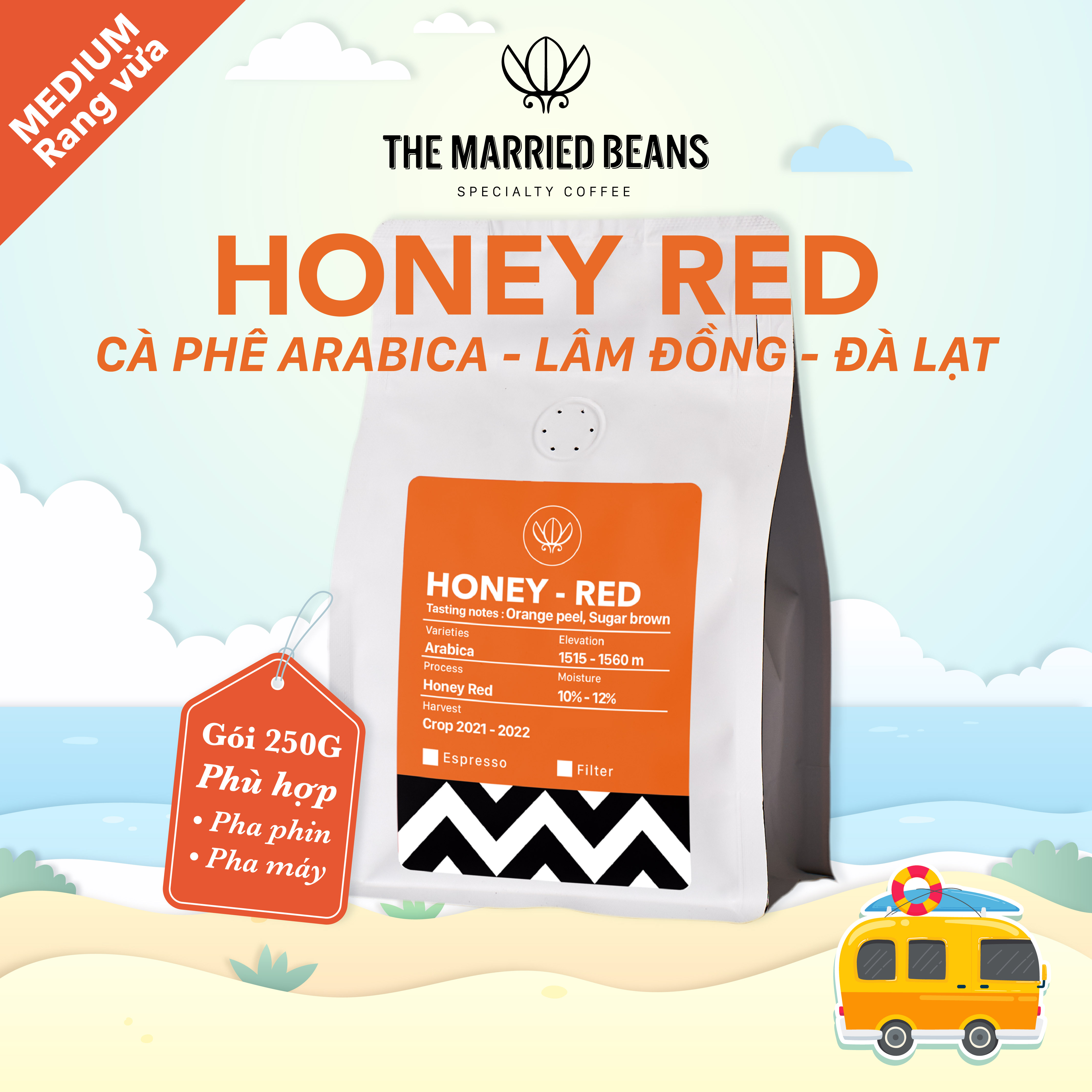 Cà phê đặc sản rang mộc arabica 100% honey red, rang vừa the married beans