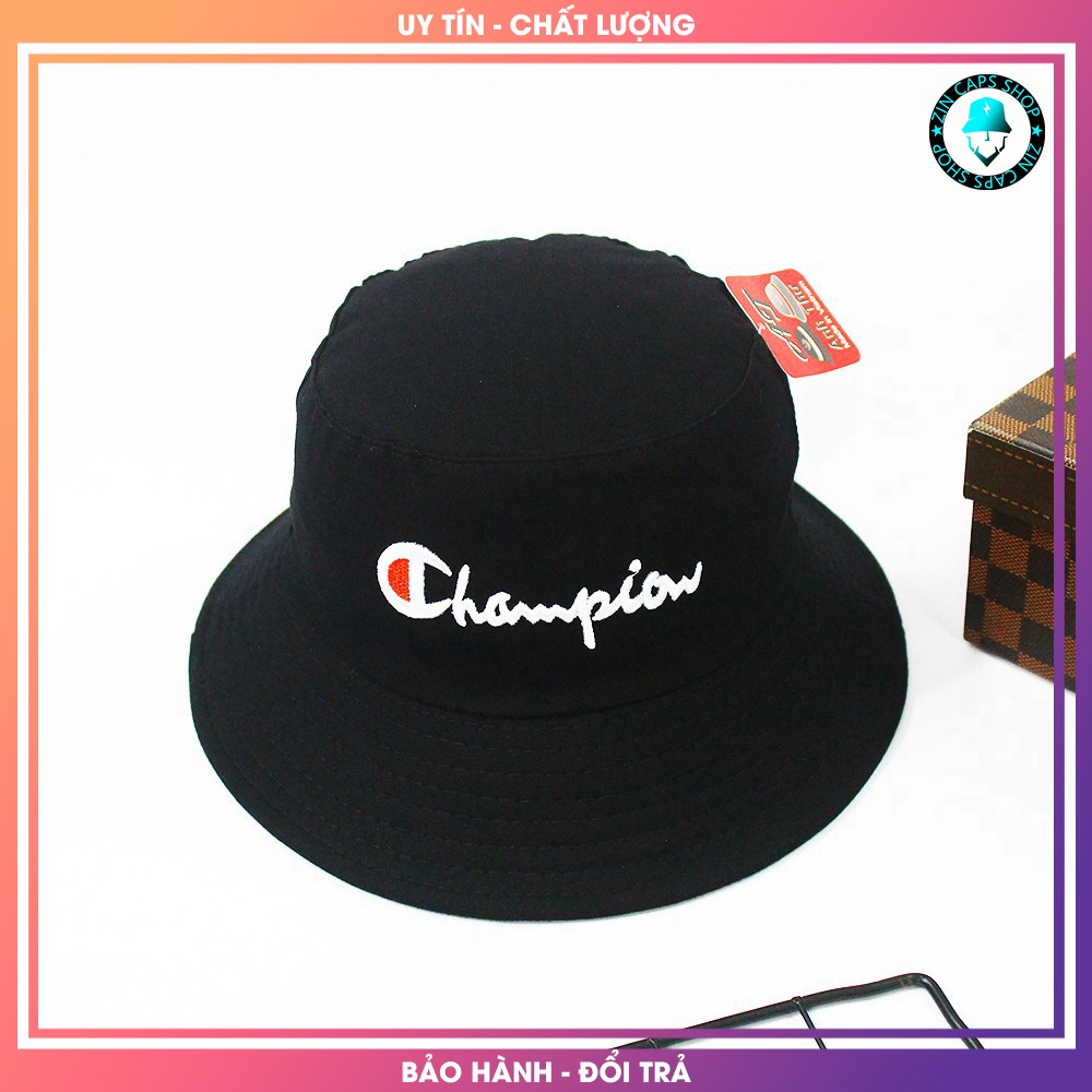 Mũ Bucket Đen Champion 2 lớp vải Kaki / nón tai bèo / mu tai beo den / vành / non vanh / xô / xo