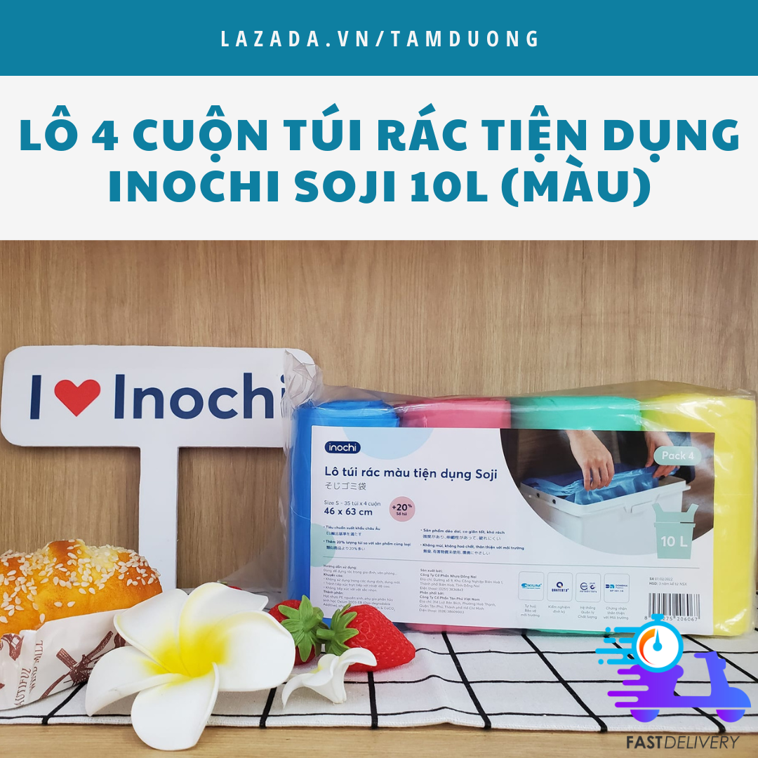 Lô 4 cuộn túi rác Inochi tiện dụng 10L (nhiều màu) [HCM-Giao hoả tốc 2h]