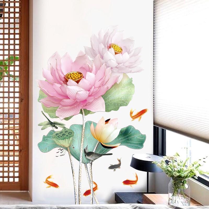 Tranh dán tường 3D Sen đại đóa, Tranh hoa sen KT 65x100cm, Decal trang trí phòng
