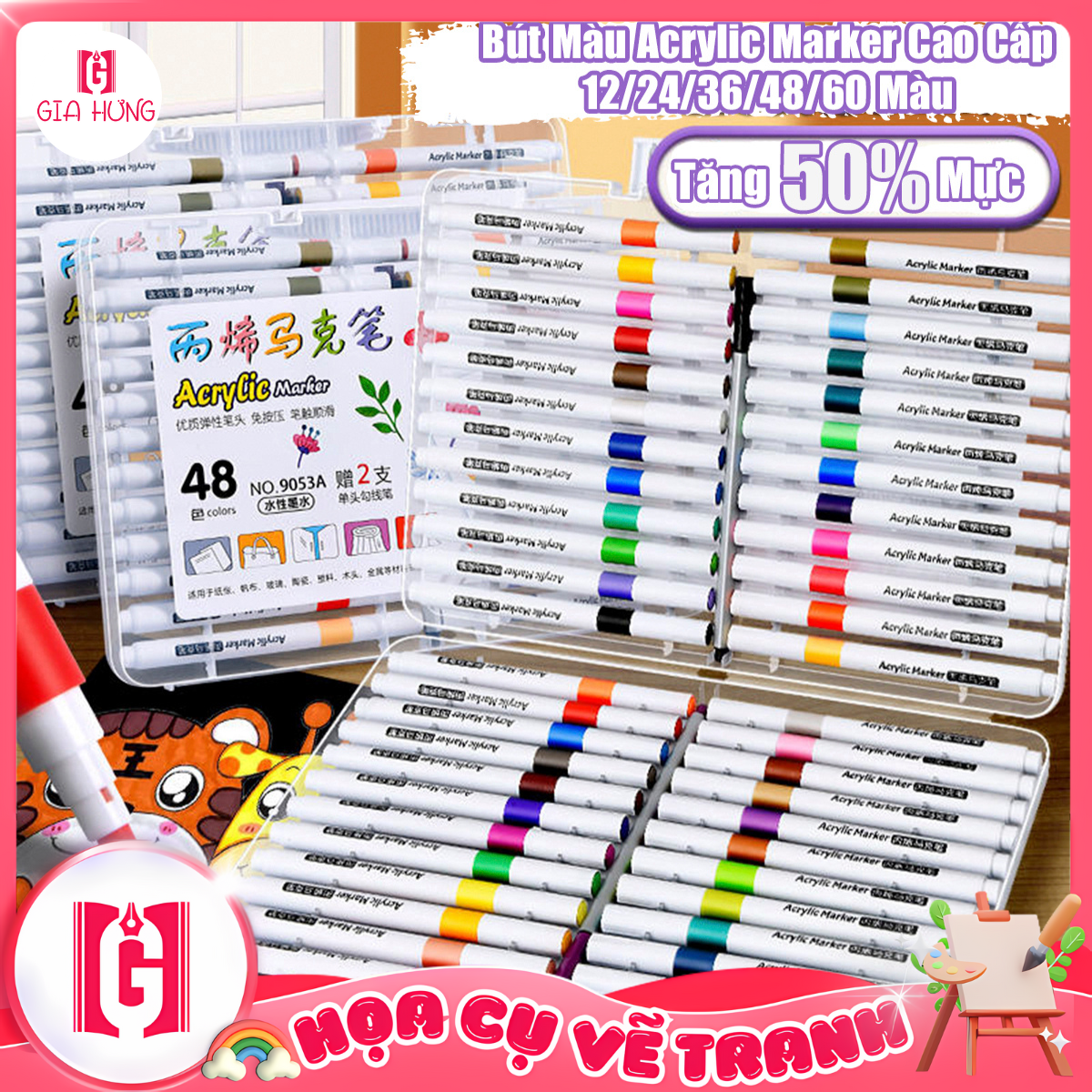 Bút Màu Acrylic Marker Không Lem, Chồng Màu 12/24/36/48/60 Cao Cấp Màu Sắc Tươi Sáng - Bút Lông Màu