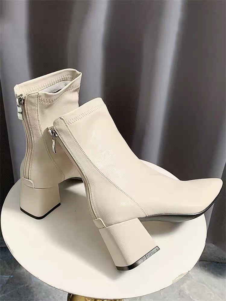 Bốt da mềm cao cấp full box mũi vuông đế 5 phân  TẶNG KÈM Tất gấu dễ thương boot nữ, boots nữ da ,Bốt da mềm khóa sau