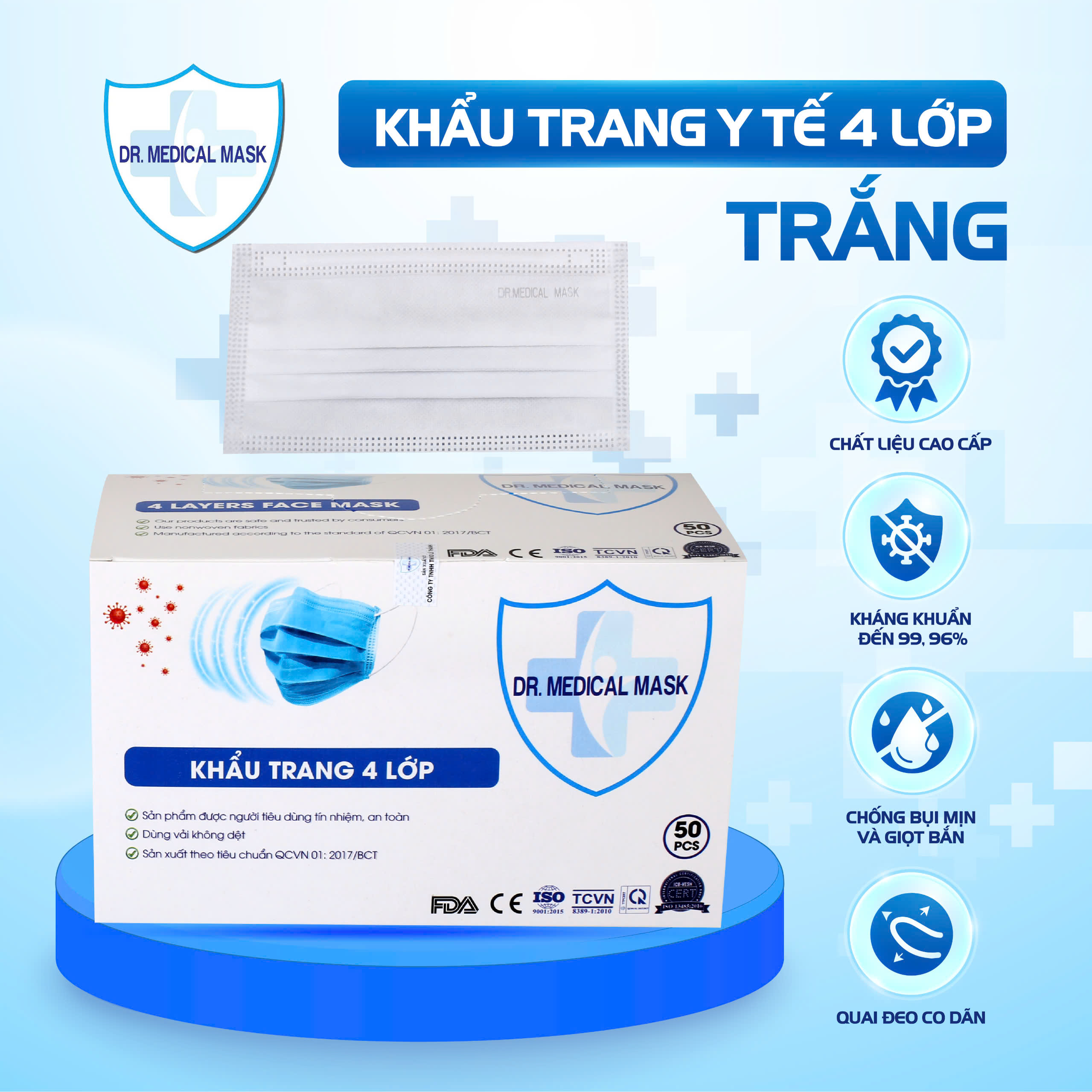 Khẩu Trang y tế 4 lớp màu Trắng Dr Medical Mask hộp 50 cái