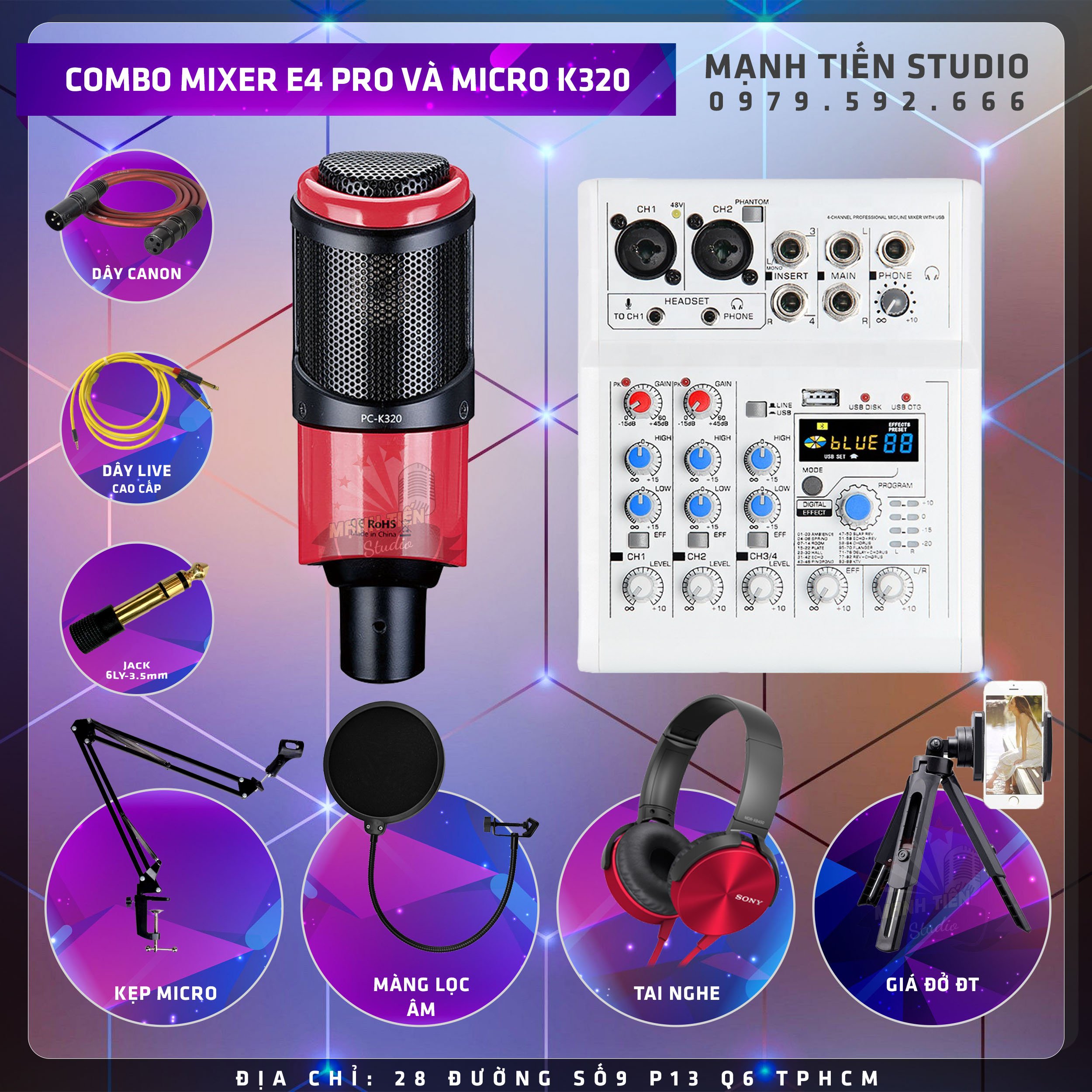 [ Bán Chạy Nhất Tuần ] Combo Mixer E4 Bluetooth Và Micro K320 Karaoke Thu Âm Livestream Bán Hàng Facebook Tiktok Idol Bigo Siêu Hay Chuẩn Phòng Thu Tặng Kèm Dây Live Chế Jack 6 Ly Kẹp Micro Màng Lọc Âm Thanh Tai Nghe Giá Đõ Điện Thoại Xịn Sò