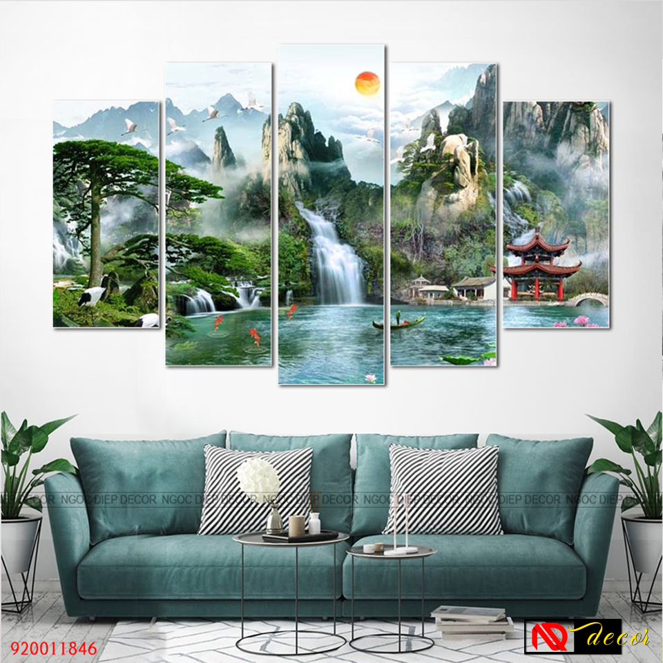 Tranh treo tường 3D Thác nước sơn thủy ST911846, tấm tranh đặc dày 1cm in sắc nét bo viền cao cấp, kèm đinh treo 3 chân