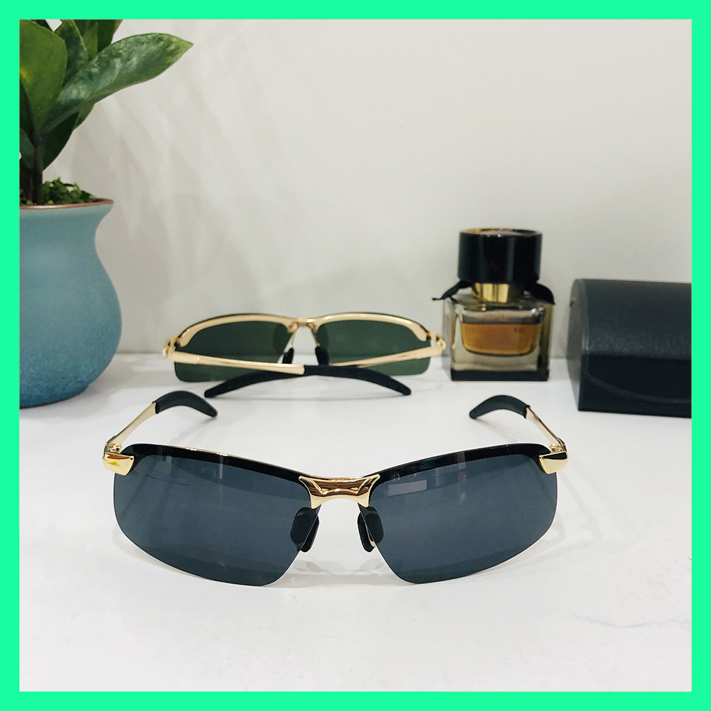 Mắt Kính Nam Phân Cực Polarized Gọng Vàng Hợp Kim Kiểu Dáng Thể Thao Có Hộp Da Đựng Kính