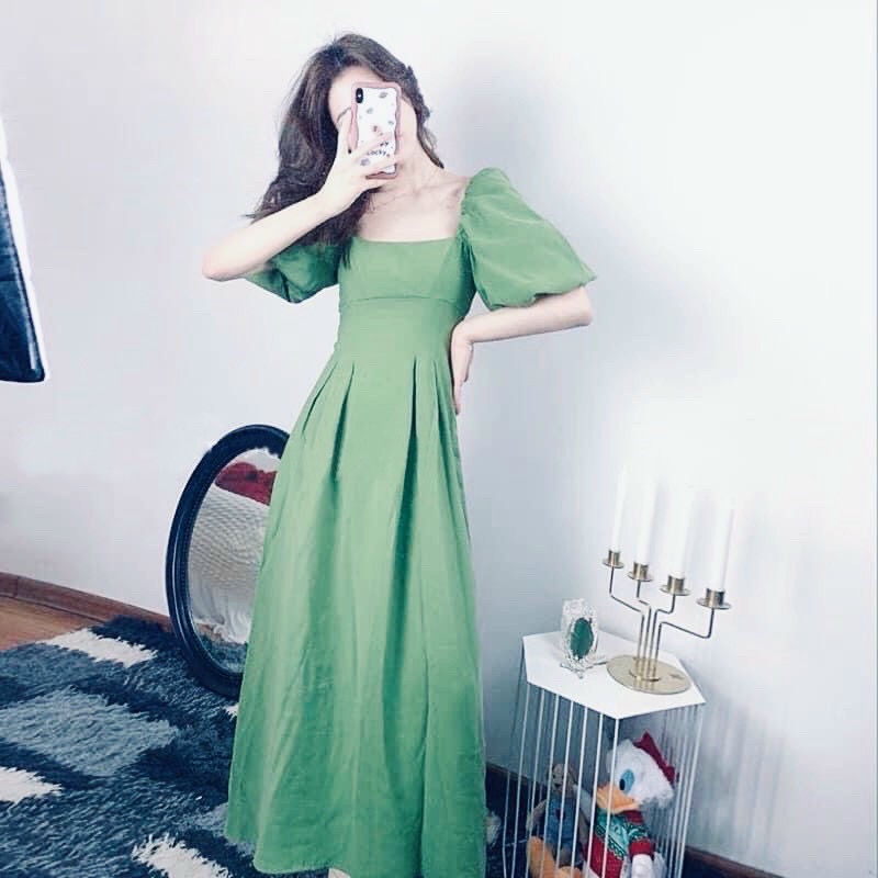 Đầm váy mint cổ vuông form dài