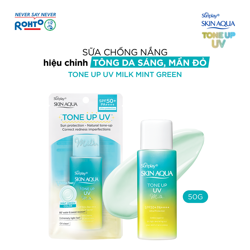 Kem chống nắng nâng tông Skin Aqua Tone up  Mint Green cho da trắng có khuyết điểm đỏ, dạng sữa Sunplay Skin Aqua Tone Up UV Milk Mint Green SPF 50+ PA++++ 50g