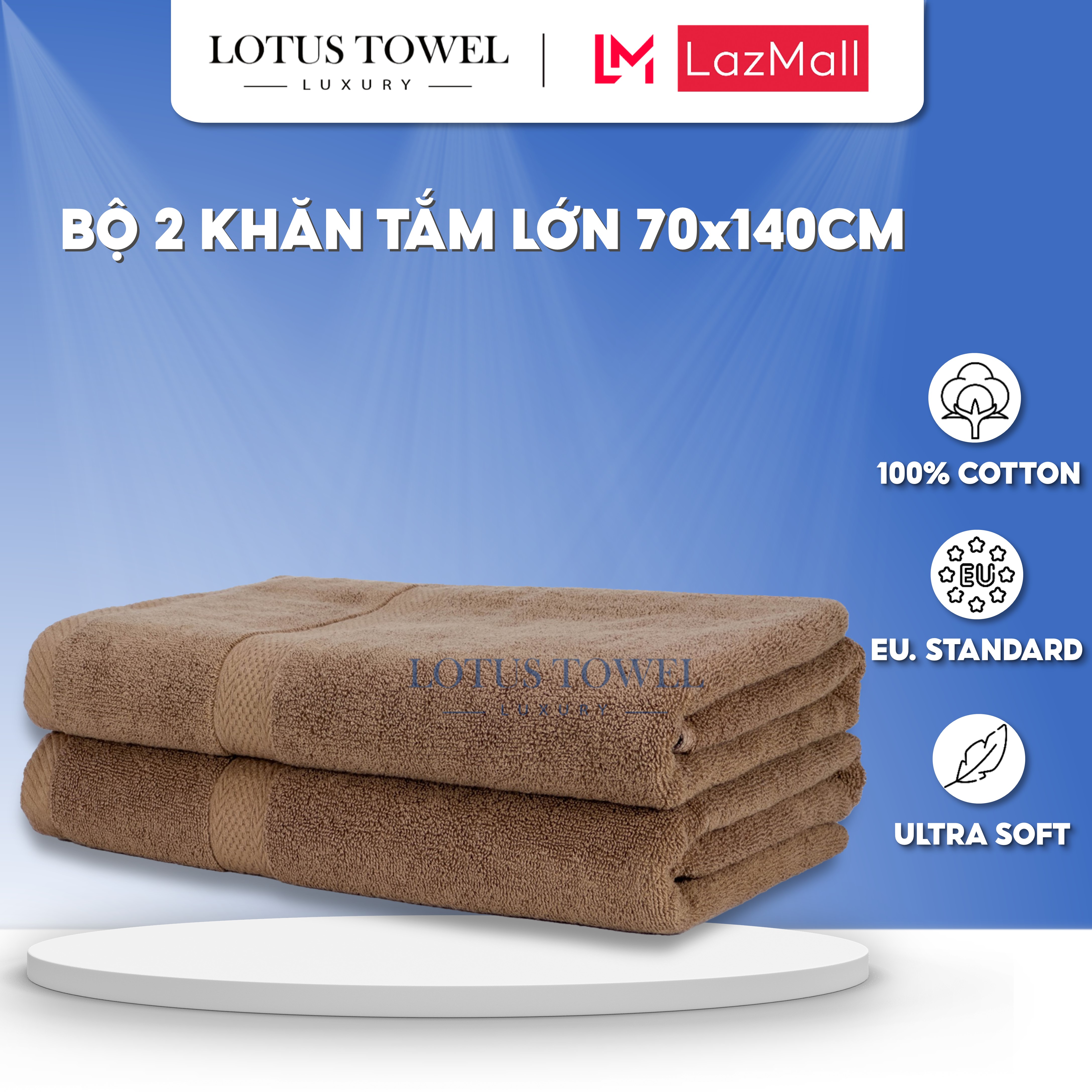 Bộ 2 khăn tắm 70x140cm lotus towel 100% cotton cao cấp mềm mịn thấm hút không ra màu