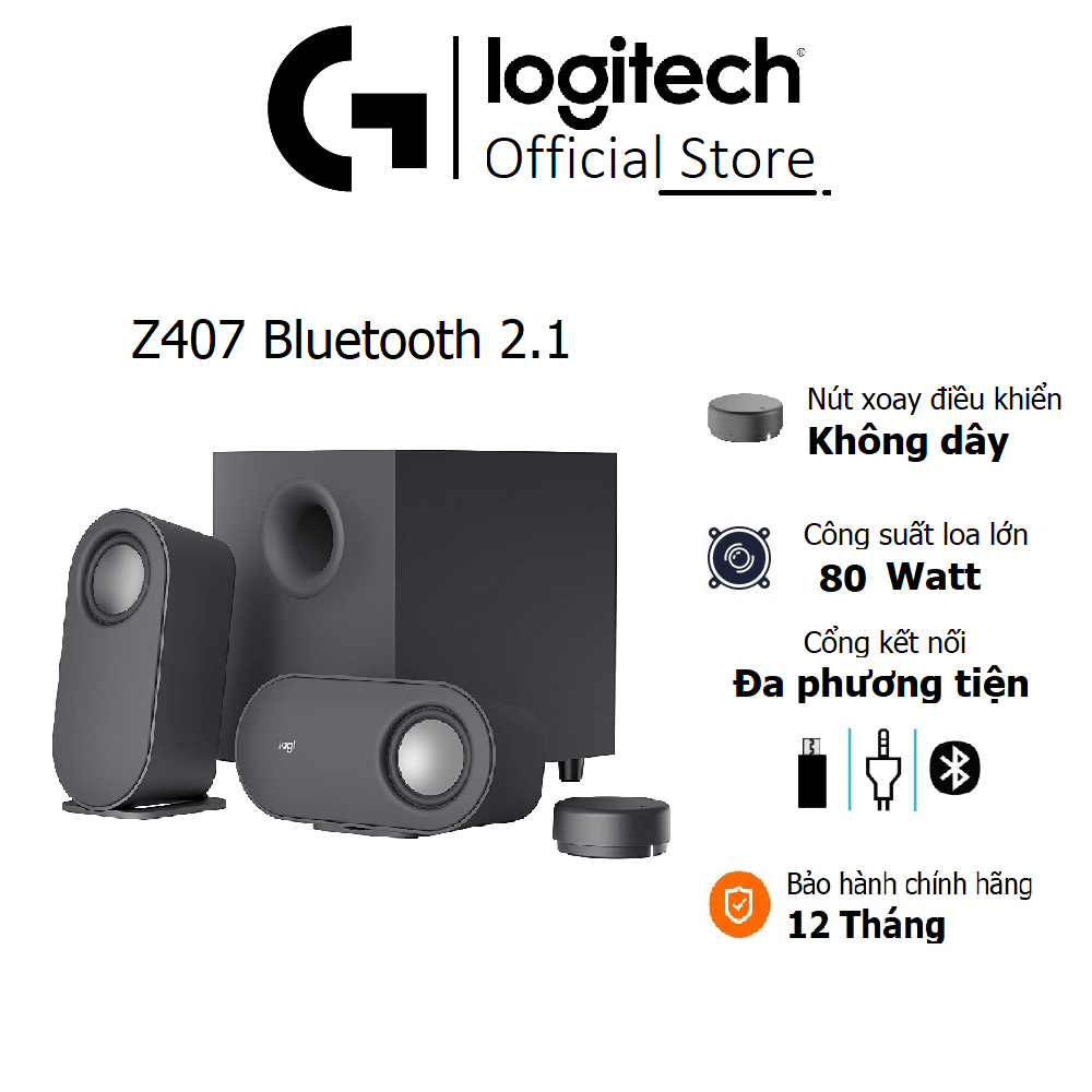 Loa vi tính bluetooth Logitech Z407 - Âm thanh 2.1, công suất 80W, điều khiển không dây, đa kết nối (USB, AUX, Bluetooth)