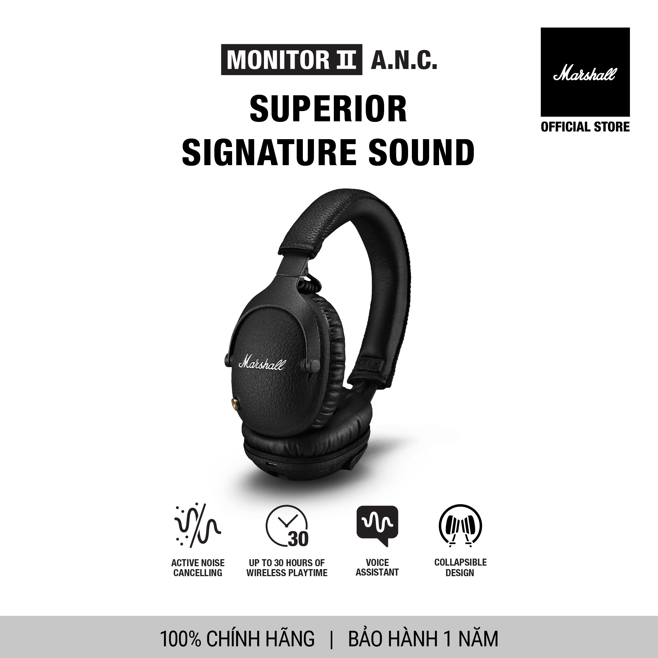 Tai nghe Bluetooth Marshall MONITOR II ANC - 30 hours battery life - Bảo Hành Chính Hãng 1 Năm 1 Đổi 1