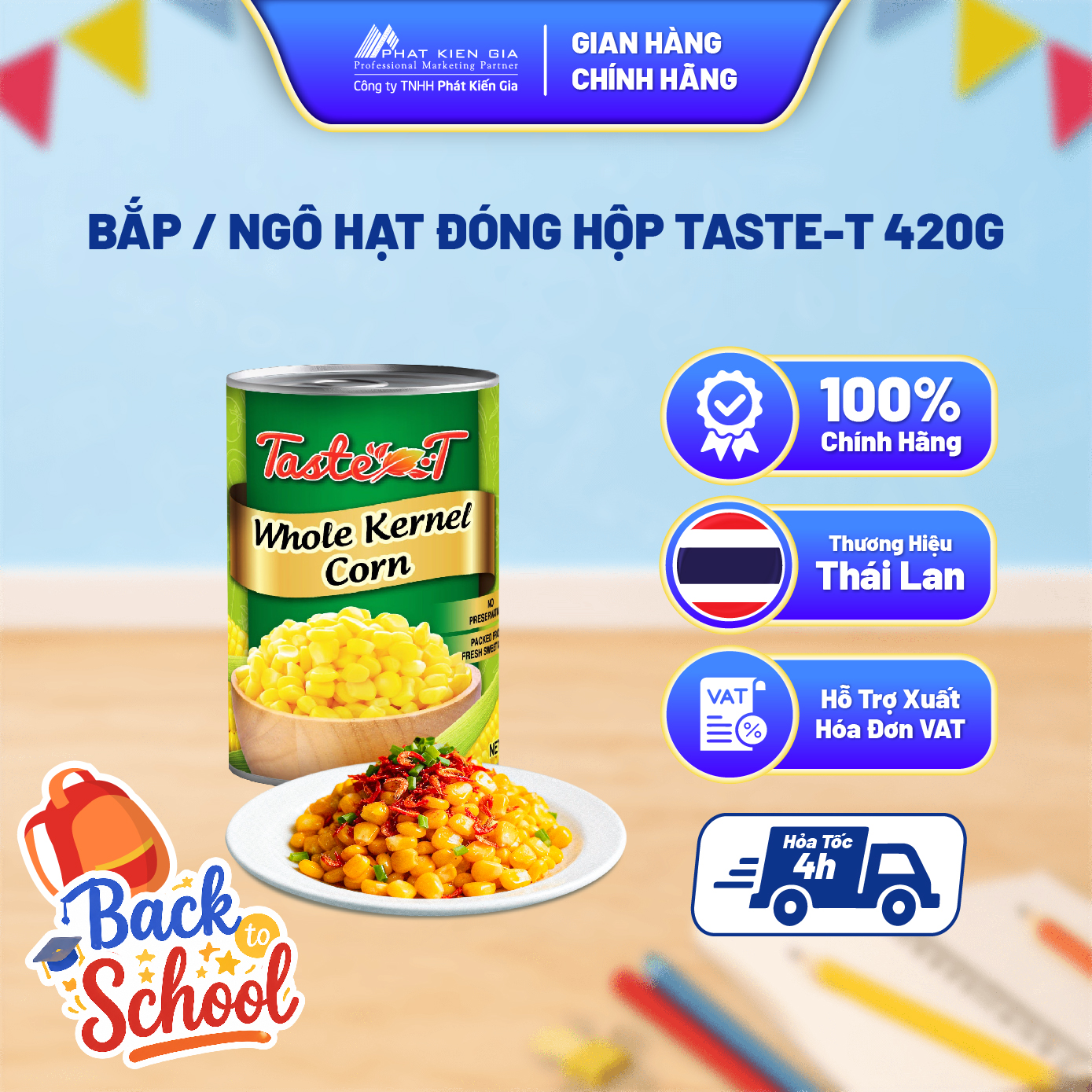 Bắp / Ngô Hạt Đóng Hộp Taste-T 420g - Nhập Khẩu Thái Lan | Taste-T Whole Kernel Corn 420g