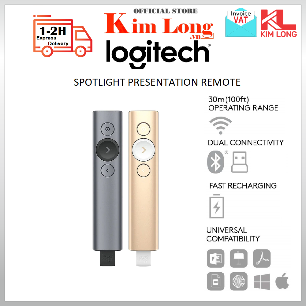 Bút trình chiếu Logitech Spotlight - không dây 30m, Bluetooth, USB, phóng to để nhấn mạnh - Bảo hành 12 tháng