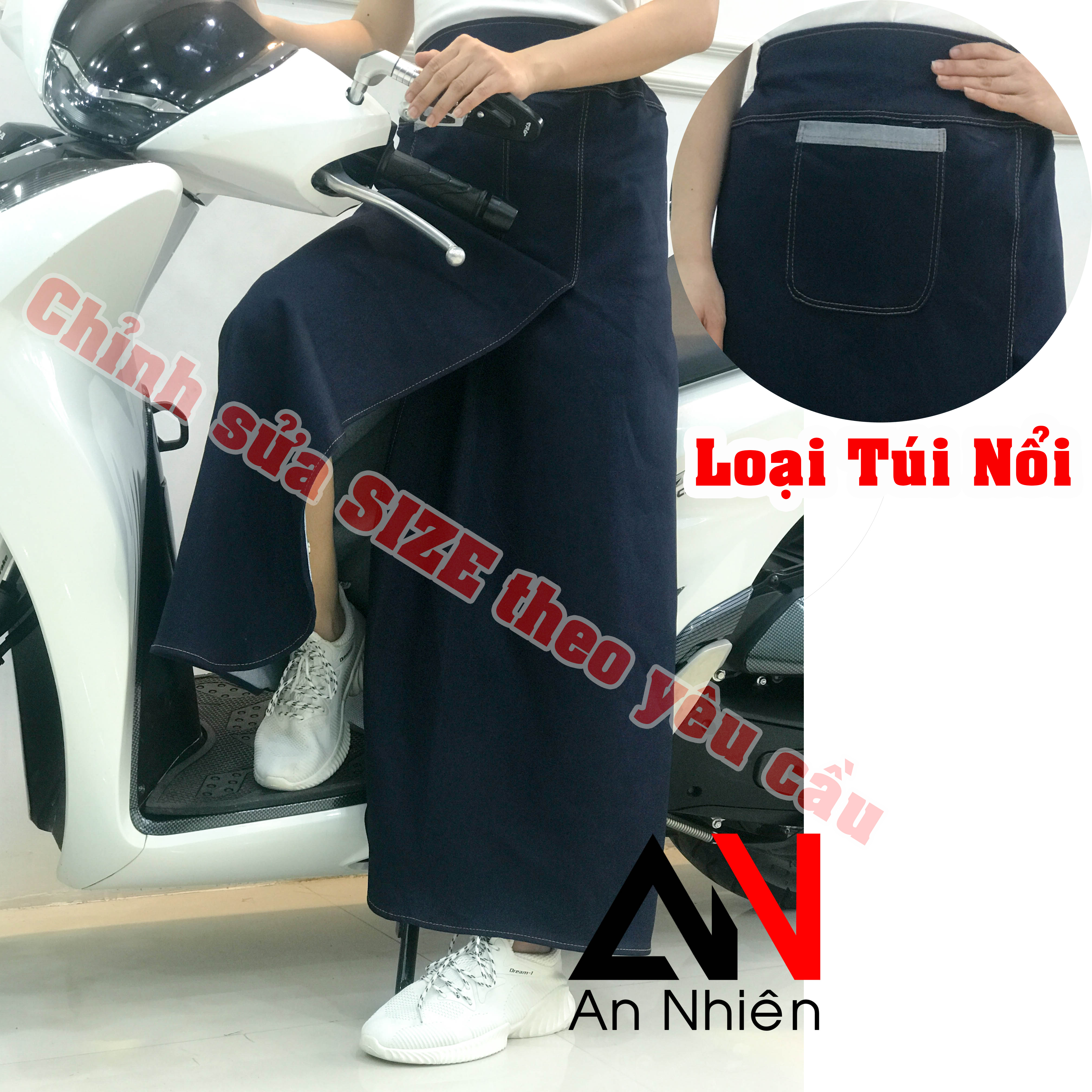 Váy chống nắng xẻ tà có nút bấm chân vải jean