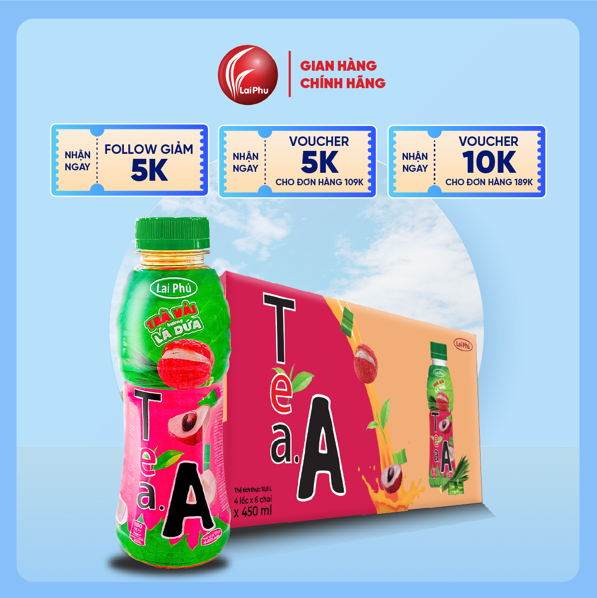 Trà Vải Hương Lá Dứa Tea.A Chai 450ml- Thùng 24 Chai