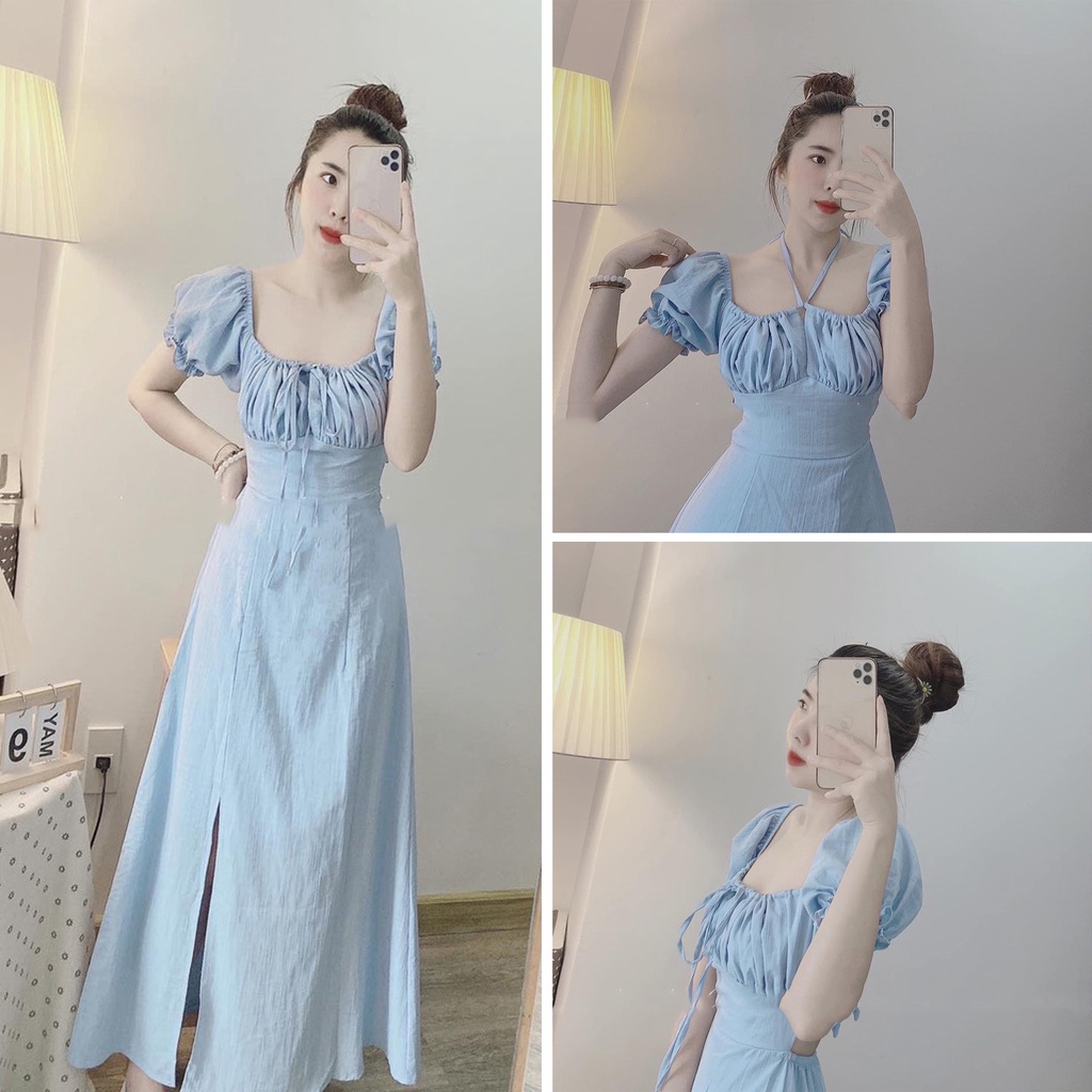 Đầm đũi xước 2 dây chun ngực dáng dài xinh xăn