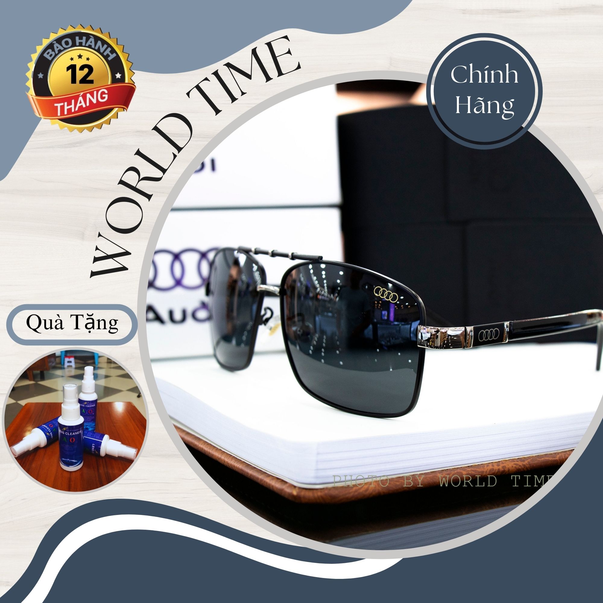 Kính mát nam Audi vuông bạc AU7556 mắt Polarized cao cấp , Full box , khăn , thẻ , bảo hành 12 tháng