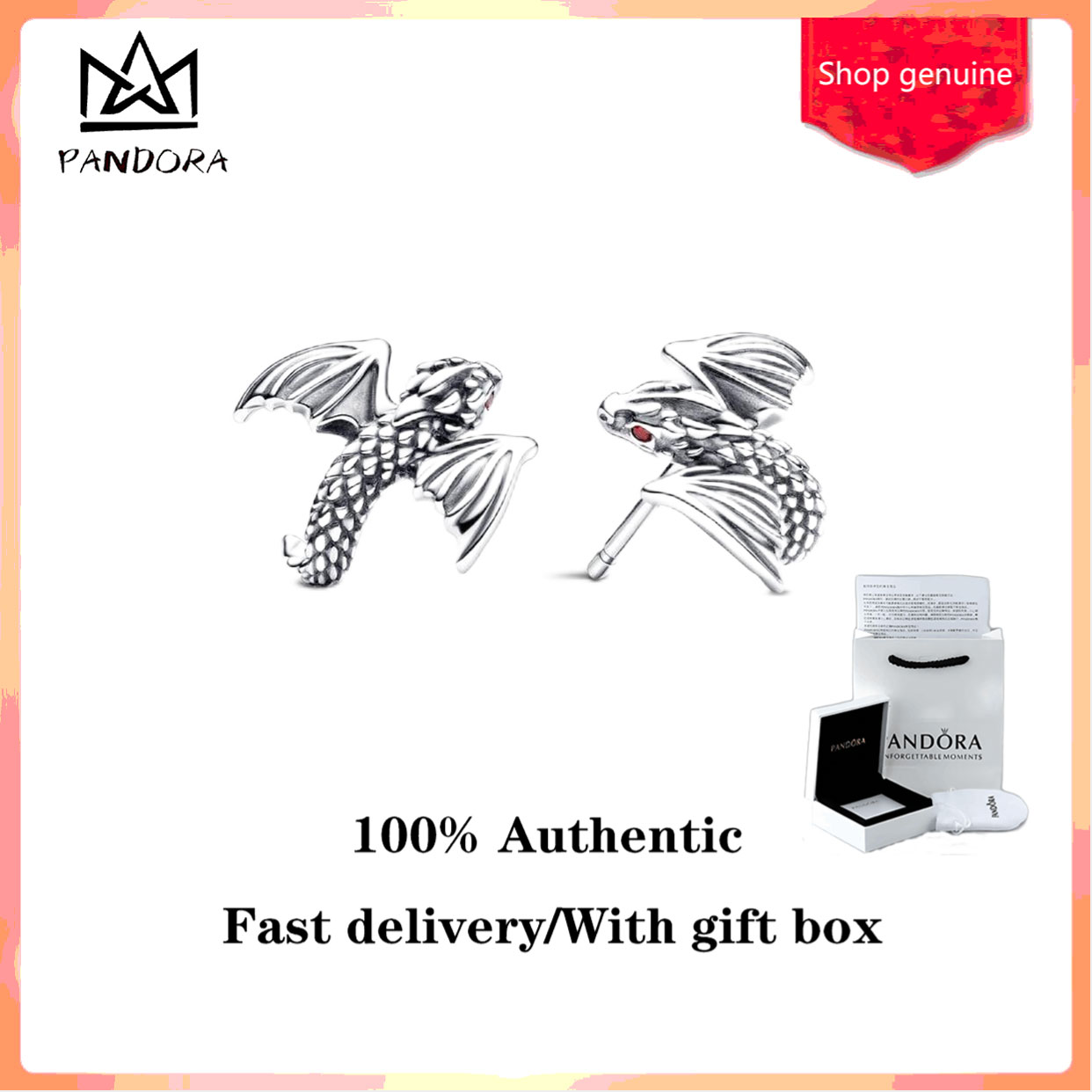 ♈100% authentic ♈ Pandorae Game of Thrones Curved Dragon Stud Earrings Valentine's Day Gift Birthday Gift