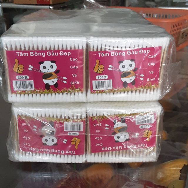 Sỉ - vỉ 12 gói tăm bông cán gỗ gấu đẹp cao cấp ( gói 100 que)