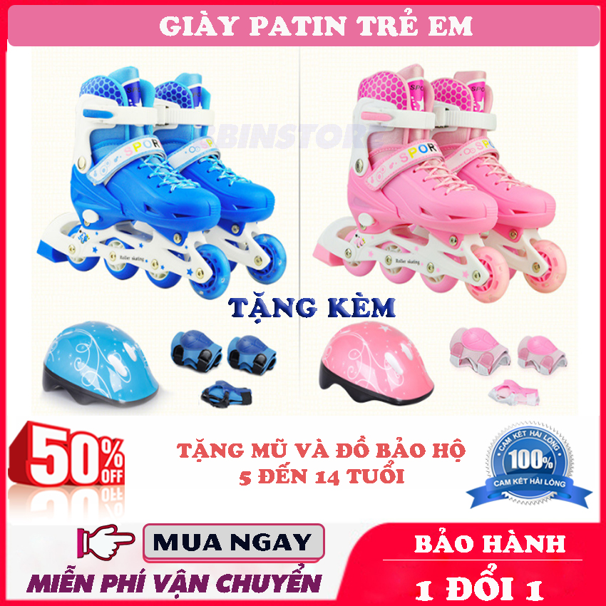 Giày Trượt Patin Trẻ Em TẶNG KÈM Mũ Và Đồ Bảo Hộ - Phù Hợp Từ 5 Đến 14 Tuổi - Bánh Xe Chất Liệu Cao Su Đúc Chắc Chắn, Ma Sát Tốt - Giày Trượt Patanh Cho Trẻ, Giày Patin Trẻ Em Cao Cấp, Giày Patin Trẻ Em Sieu Thích - BBINSTORE