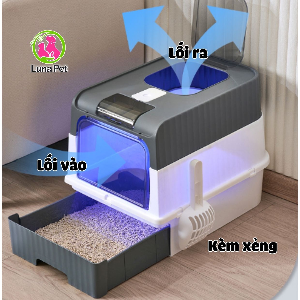 Nhà vệ sinh cho mèo 2 cửa hình vuông có tia UV khử khuẩn Luna Pet NV06