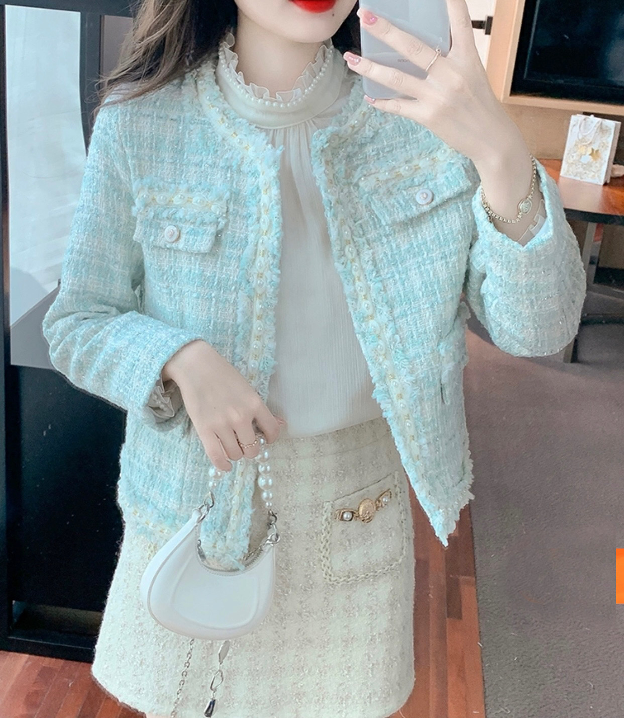 Áo khoác dạ Tweed nữ 2 lớp dáng ngắn, xanh tiểu thư