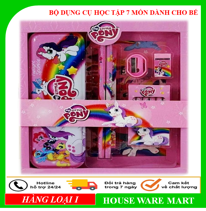 BỘ DỤNG CỤ HỌC TẬP 7 MÓN KÈM HỘP QUÀ bao gồm hộp bút, tẩy (gôm), đầu chuốt (gọt), bút chì, thước kẻ, màu sáp là món quà cho bé vào năm học mới, làm quà tặng cho bé