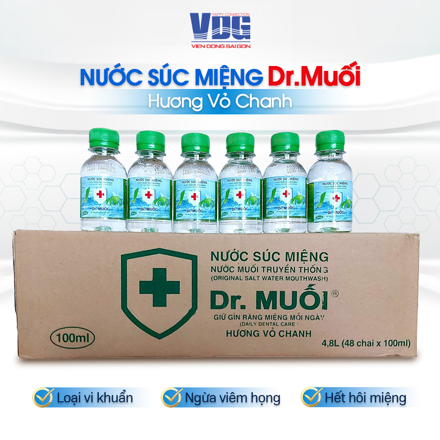 Nước súc miệng Dr. Muối hương vỏ chanh - 1 thùng 48 chai 100ml - Ngừa viêm họng, sâu răng, loại vi khuẩn, trắng răng, hết hôi miệng - Vien Dong Sai Gon