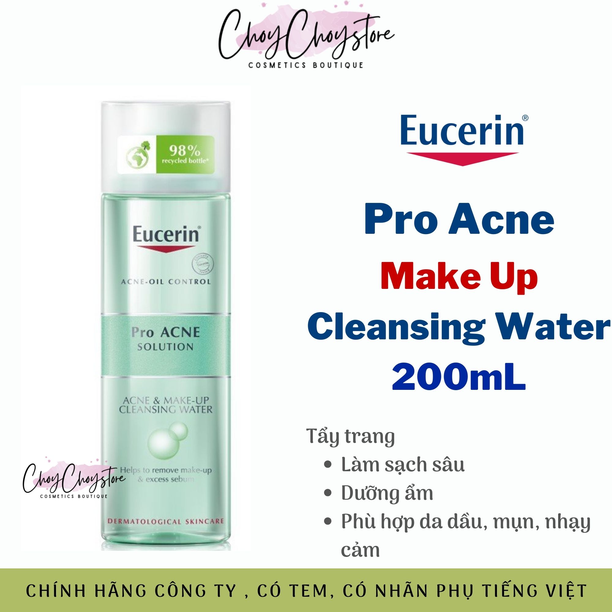 Nước Tẩy Trang Eucerin ProAcne  Make Up Cleansing Water 200mL Cho Da Dầu, Mụn, Nhạy Cảm
