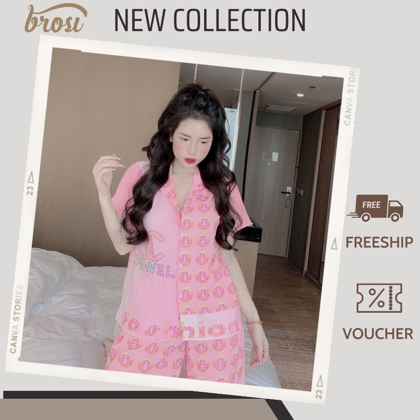 Đồ bộ pijama lụa mango mặc nhà quần đùi áo cộc tay brosi