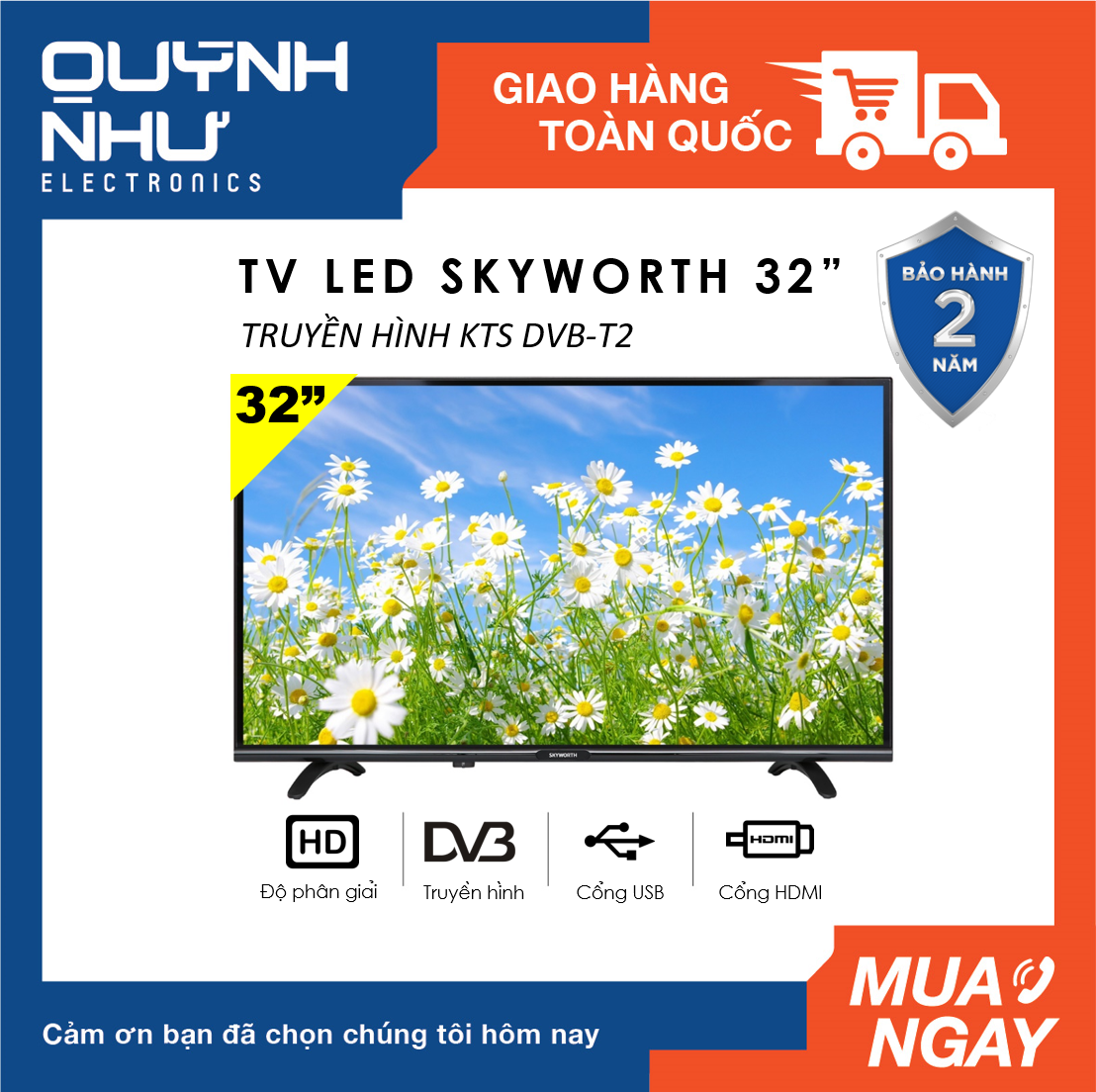 Tivi LED DVB-T2 SKYWORTH 32 inch Model 32TB2000 (HD, Dolby Digital, Truyền hình KTS DVB-T2, màu đen) - Tivi giá rẻ - Bảo hành toàn quốc 2 năm