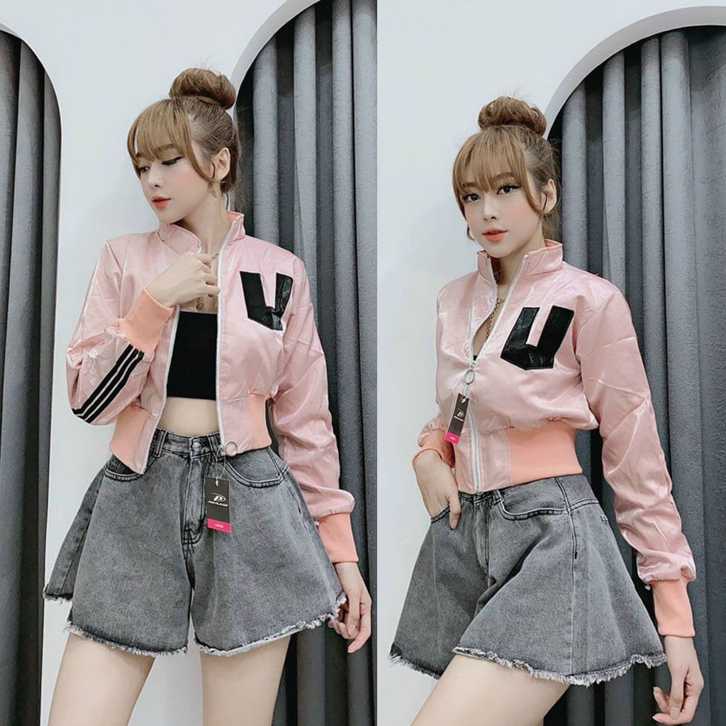 Áo khoác nữ chống nắng FREE SHIP Áo khoác lửng nữ phối sọc Thêu chữ U Quảng Châu Áo Croptop