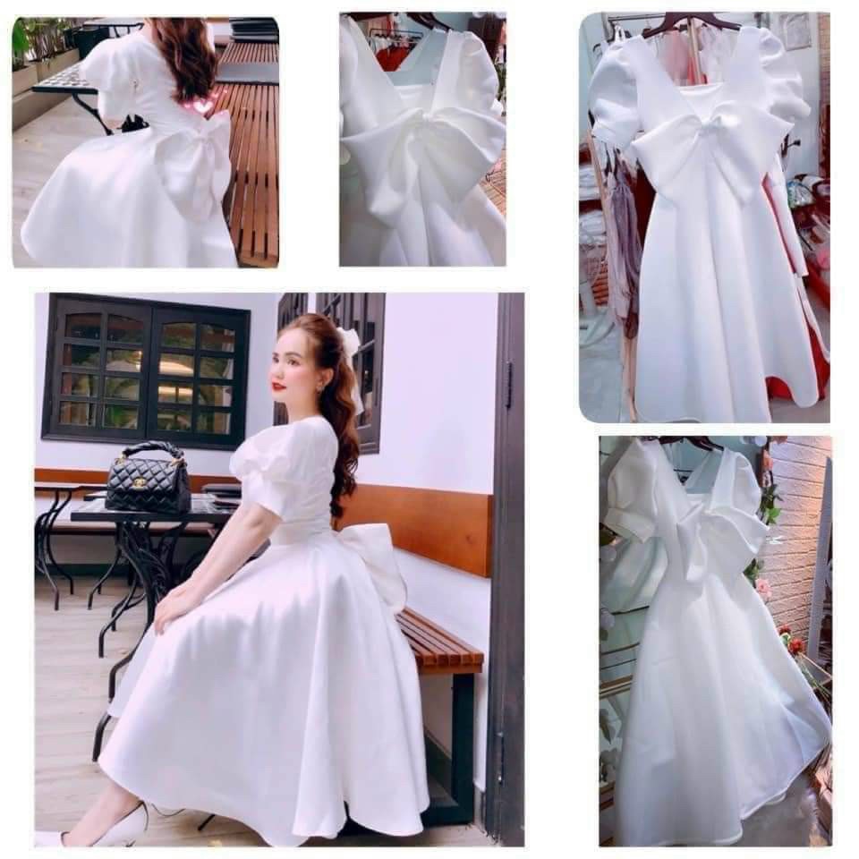 Đầm xòe tay con nơ lưng