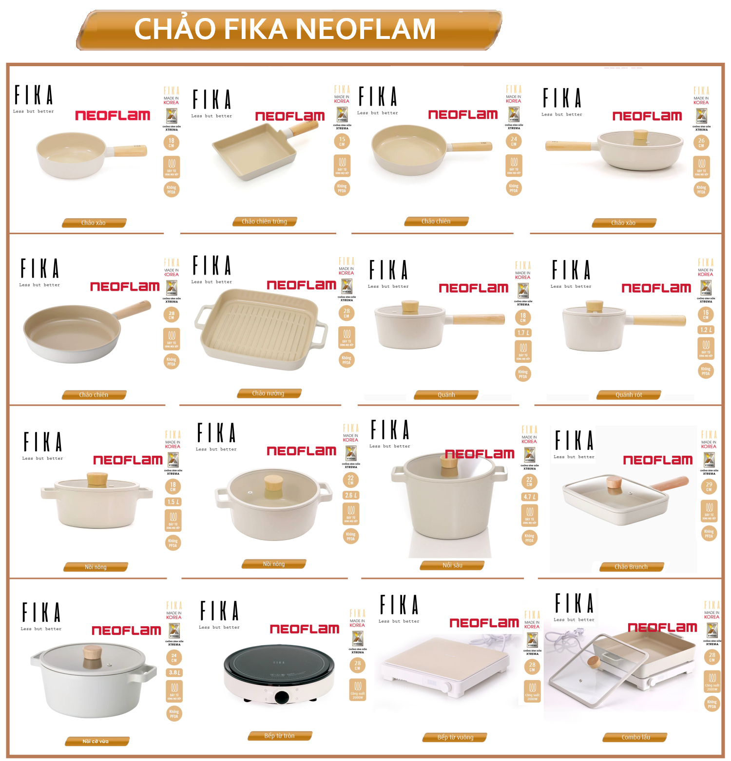 Hàng chính hãng Nồi, Chảo chống dính bếp từ Neoflam Fika Hàn Quốc, đủ size cỡ. Hàng có sẵn giao ngay