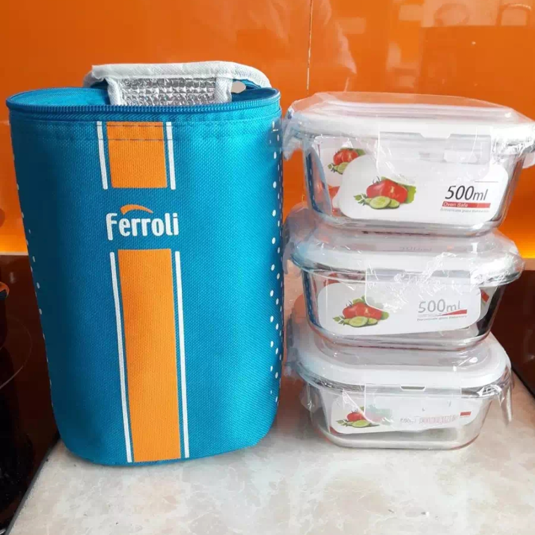 Sét 3 thố thủy tinh chịu nhiệt cao cấp llg428 500ml + túi giữ nhiệt