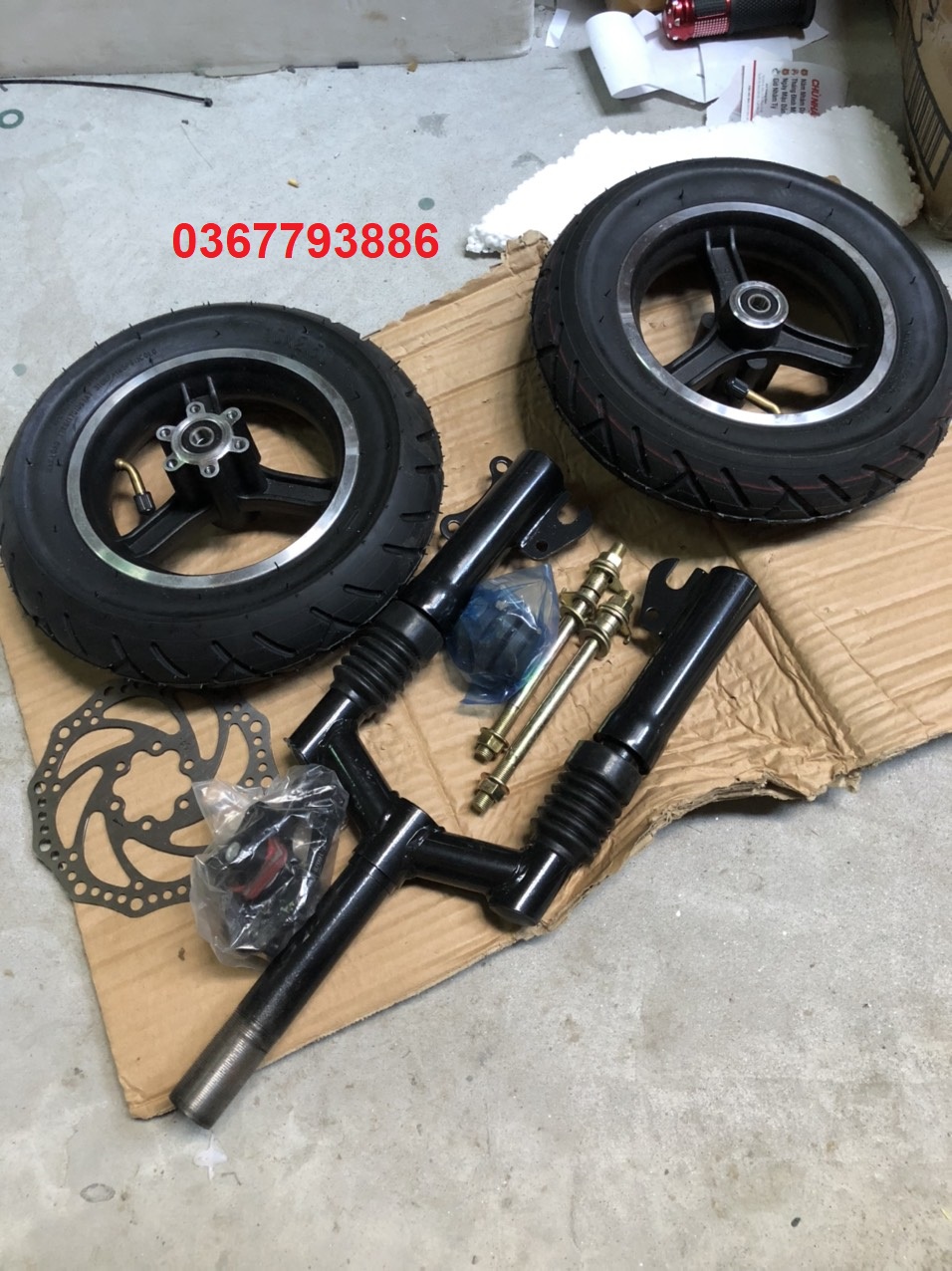 Combo 2 bánh xe 25cm, phuộc nhún trước, phanh đĩa... chế xe scooter điện, xe điện chế 2-3 bánh....