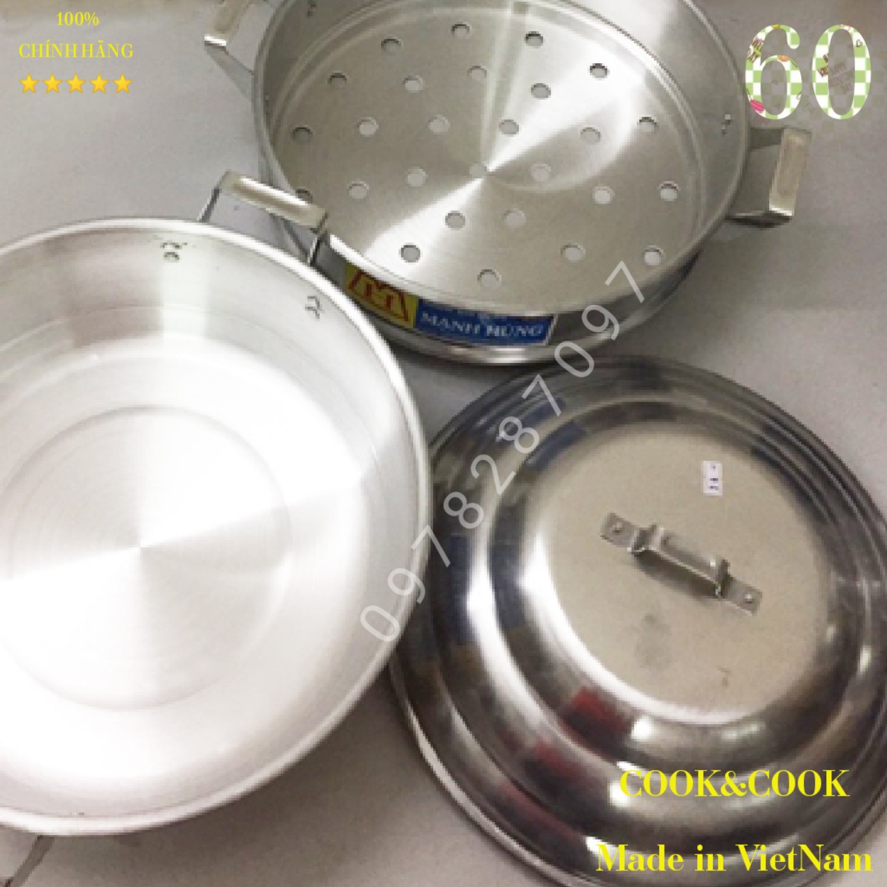 Bộ Xửng Hấp Bánh Bao Size 60 Nhôm Mạnh Hùng- Hấp hải sản/rau củ