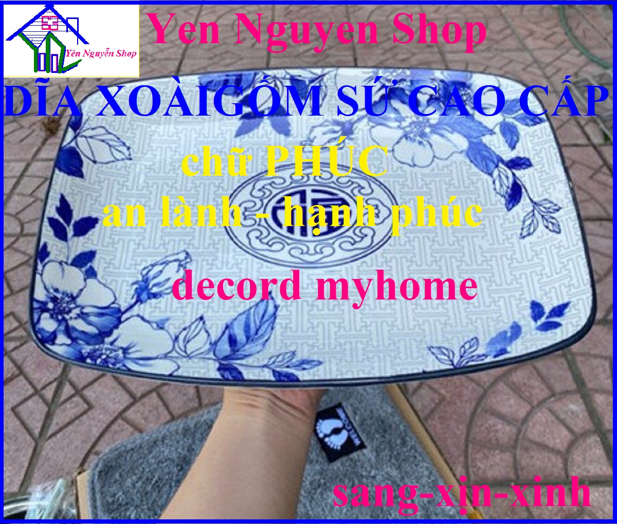 HỘP 4 CÁI DĨA XOÀI GỐM SỨ HOA VĂN CHỮ PHÚC XANH 31X21CM sang trọng có tách lẻ - Yen Nguyen Shop