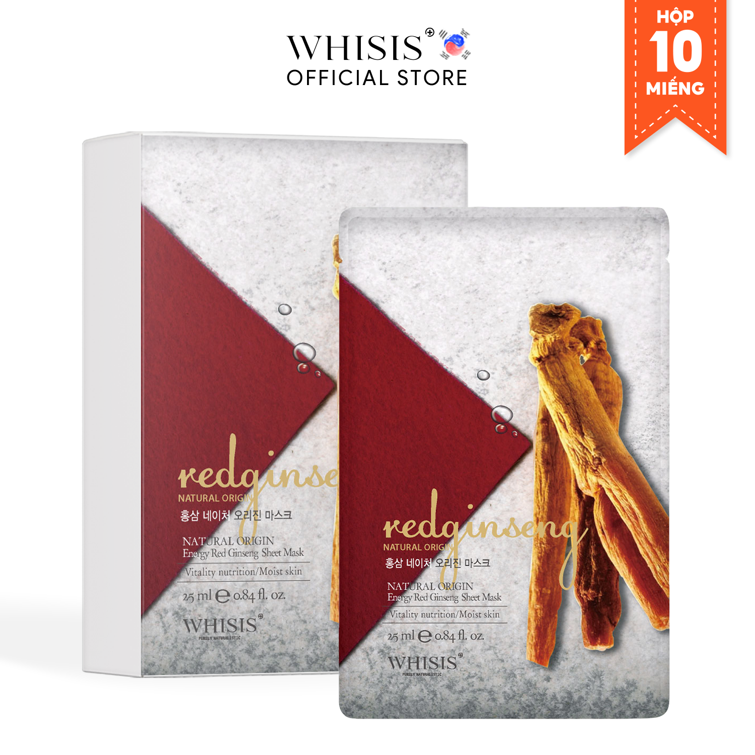 Combo 10 Mặt nạ hồng sâm Whisis Nature Origin Energy Red ginseng Sheet Mask làm mát da, giảm nám và tàn nhang