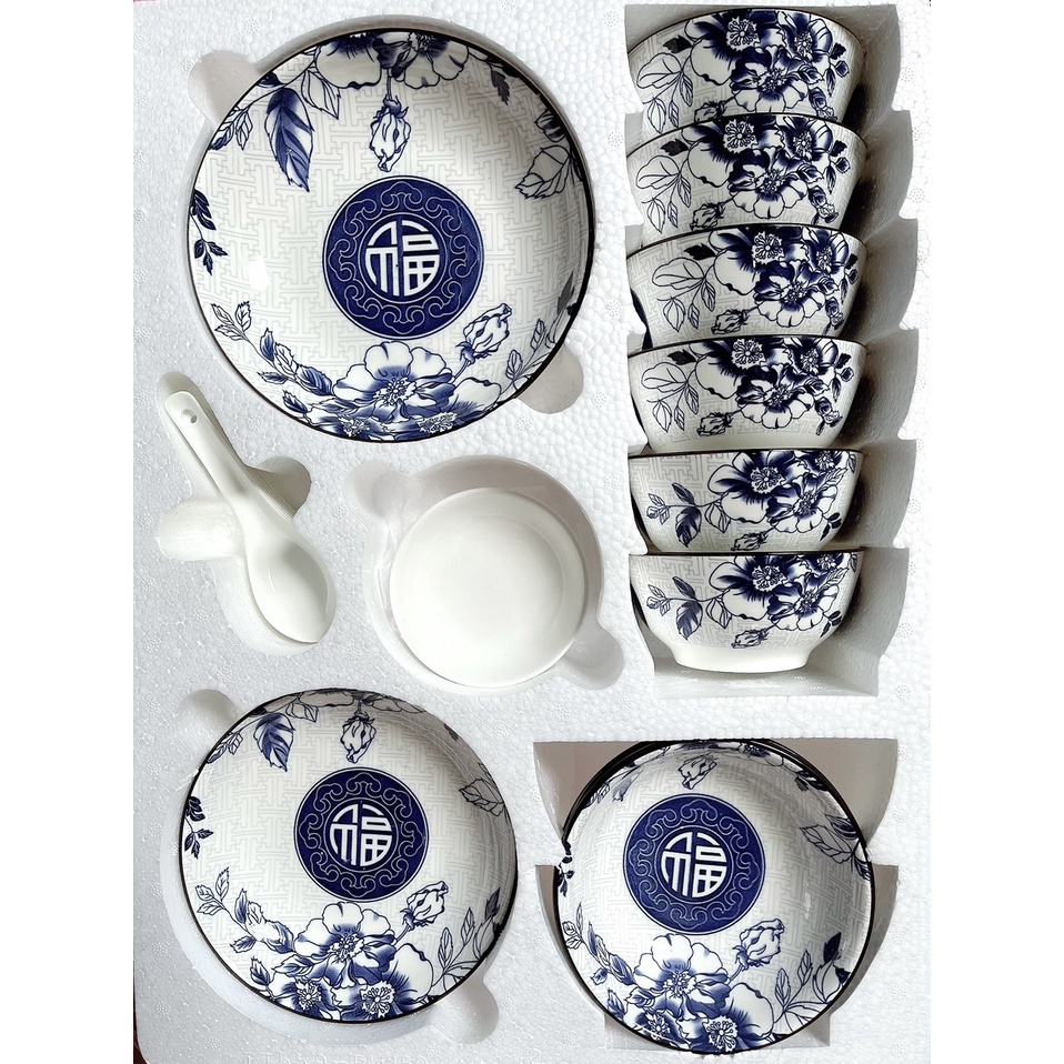 Bộ chén đĩa gốm sứ cao cấp 17 món , bộ chén đĩa ăn cơm cho gia đình 6 người, họa tiết tinh tế, freeship toàn quốc