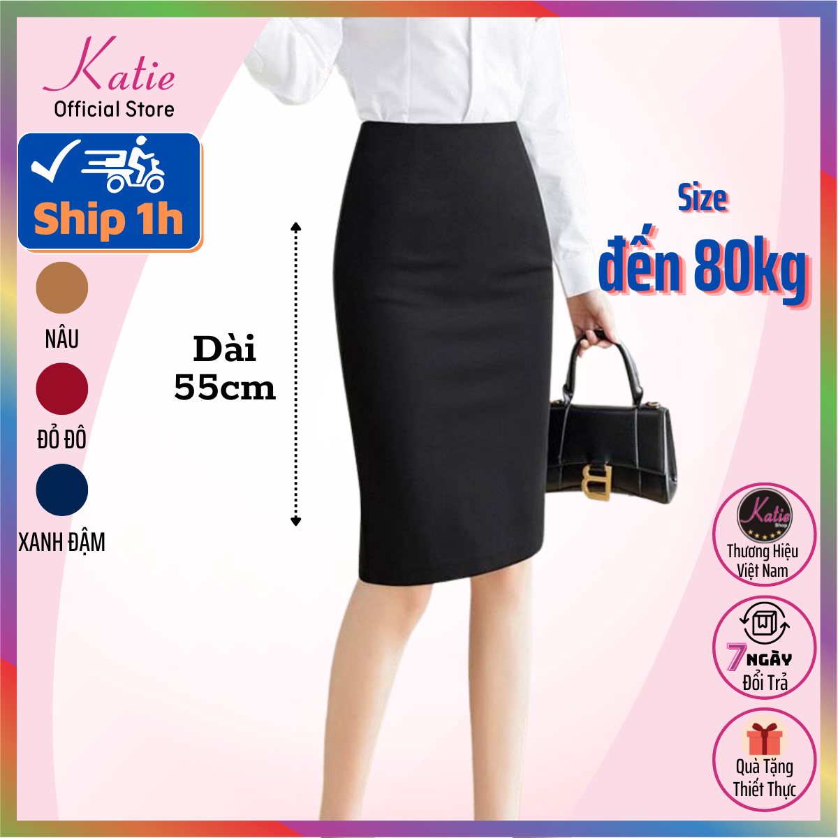 Chân Váy Bút Chì Công Sở Ngang Gối 55cm KATIE Chân Váy Công Sở BigSize 40 đến 80kg Chất Thun Hàn Co Giãn Thoải Mái, Kiểu Chân Váy Dáng Dài CV55cm