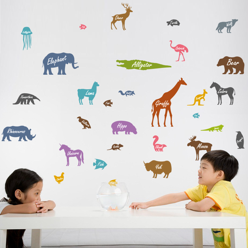 Decal dán tường mẫu động vật tiếng anh- Decal cho bé học tiếng anh qua các con vật
