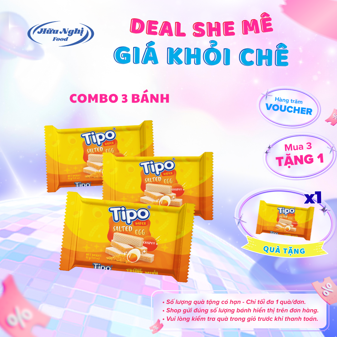 COMBO 3 Bánh xốp Trứng muối Tipo 42g Hữu Nghị dinh dưỡng ăn vặt tiện lợi