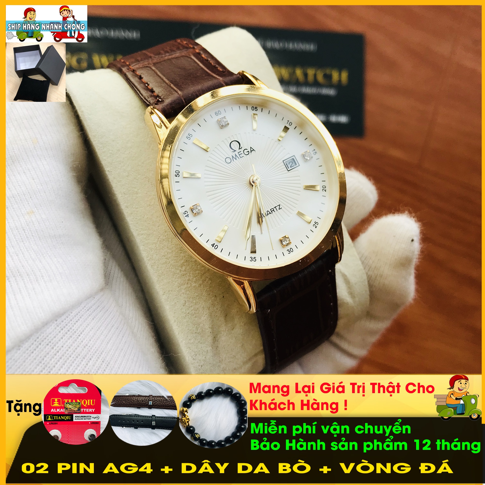 ĐỒNG HỒ NAM, DÂY DA BÒ NÂU, VIỀN THÉP KHÔNG GỈ 316L, BỀN MÀU, KÍNH MINERAL CRYSTAL CHỐNG XƯỚC, CHỐNG TRẦY, CHỐNG NƯỚC, TẶNG COMBO QUÀ TẶNG GỒM DÂY DA BÒ, 02 PIN AG4, VÒNG ĐÁ TỲ HƯU PHONG THỦY