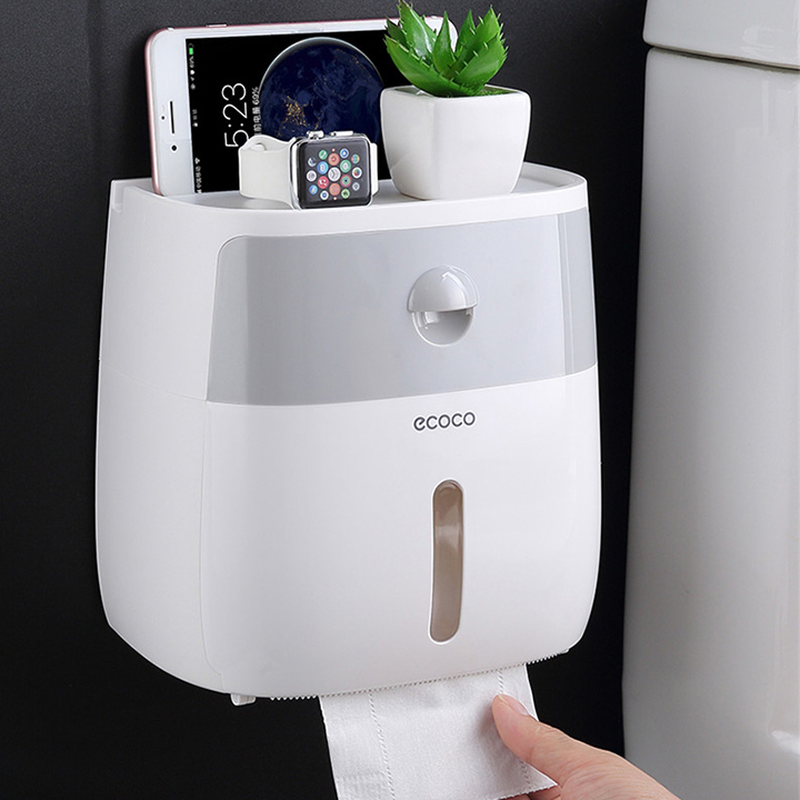 Hộp Đựng Giấy Vệ Sinh Đa Năng 2 Tầng chính hãng ECOCO Có Ngăn Kéo, Khay Để Điện Thoại E1804 - Chất Liệu Nhựa Cao Cấp, Thiết Kế Sang Trọng, Đóng Mở Nhấn nút Tiện Dụng